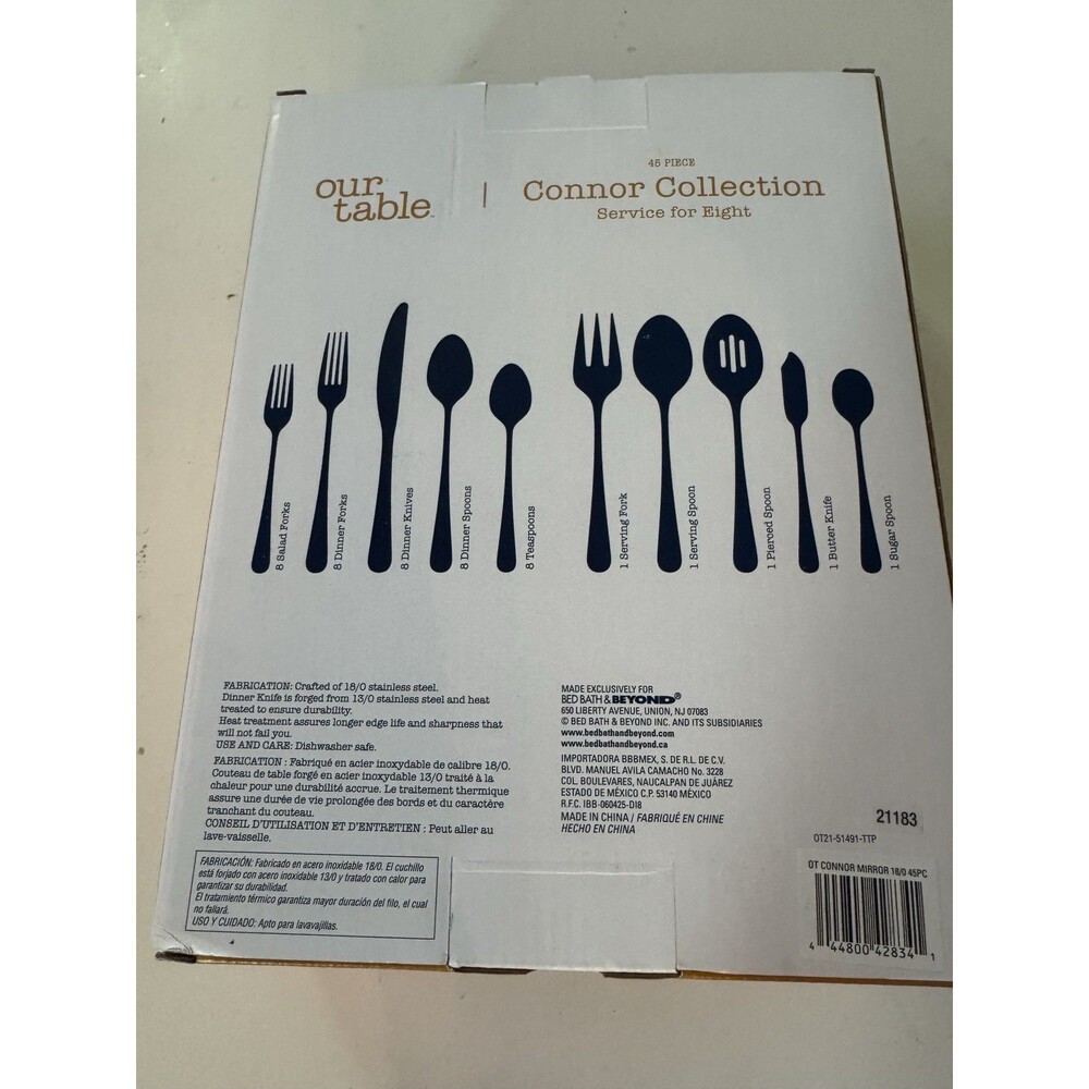 Our Table Connor Collection 45-Piece Flatware Set Service For 8 Satin 18/0 New - Picture 2 of 2
